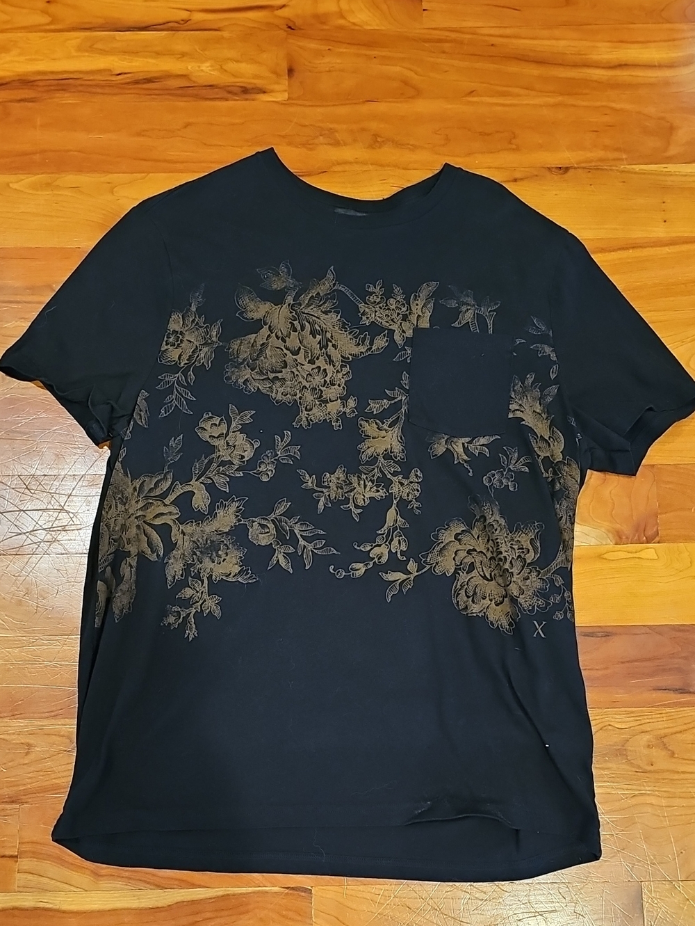 Express Black Tee with Brown Floral Print and Chest Pocket